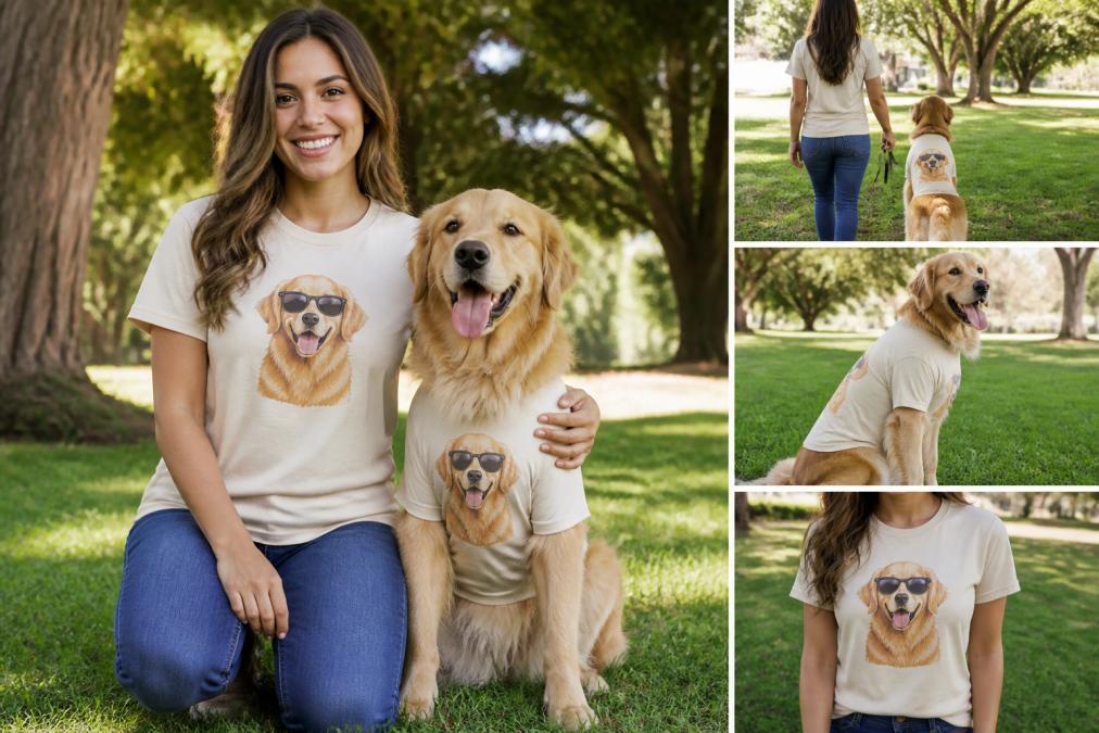 A smiling woman wearing a casual graphic tee kneeling beside her golden retriever, both in coordinated matching shirts, photographed in a bright sunlit park with green grass and natural shadows