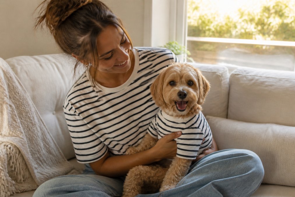 A woman and her small dog sitting together on a cozy couch wearing matching striped cotton shirts, warm afternoon light coming through a window, relaxed and candid lifestyle feel