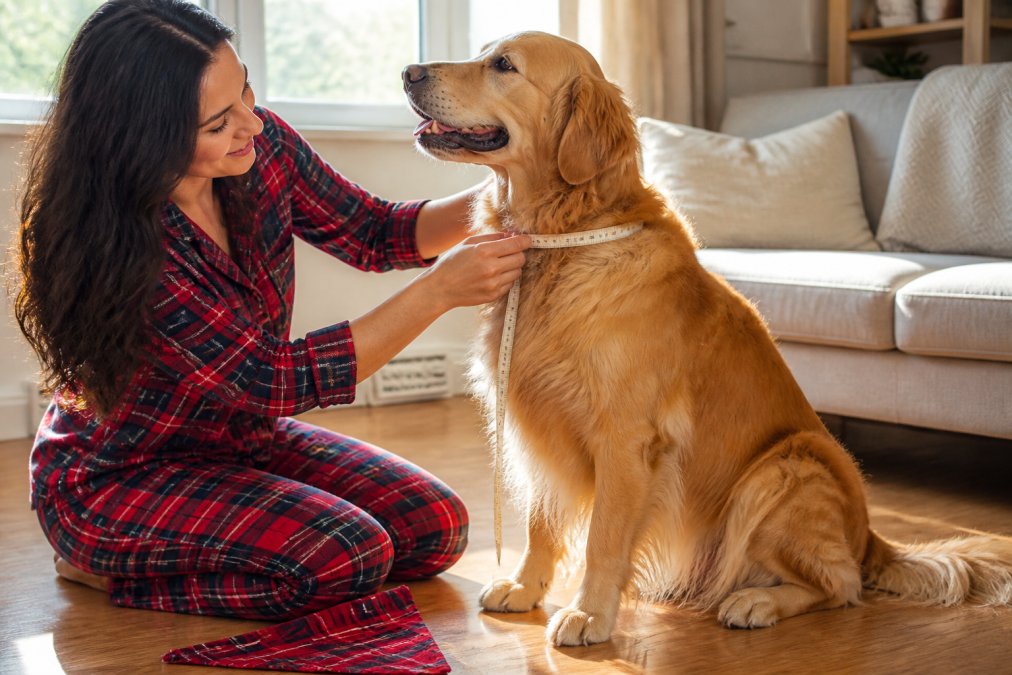 A woman kneeling on a hardwood floor gently wrapping a soft tape measure around the neck of a patient golden retriever, a red plaid bandana resting on the floor beside them, afternoon light through a window