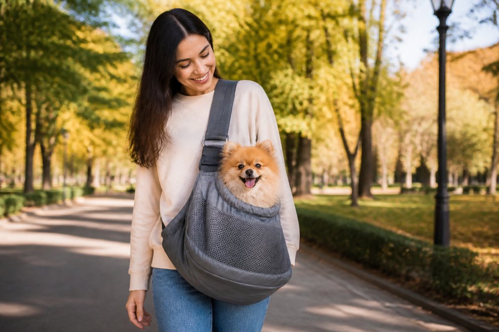 A young woman smiling while carrying a small dog in a stylish mesh pet carrier sling bag, walking in a sunny park