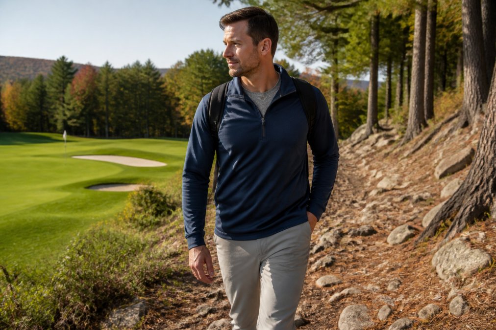 Man wearing performance half-zip jacket and weather-resistant pants transitioning from manicured golf fairway to rocky forest trail, demonstrating layering system with moisture-wicking base visible at collar, natural afternoon lighting
