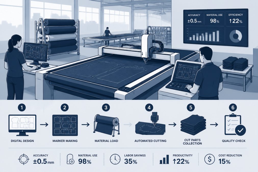 Process diagram showing how cutting accuracy impacts total production costs in automated manufacturing systems.