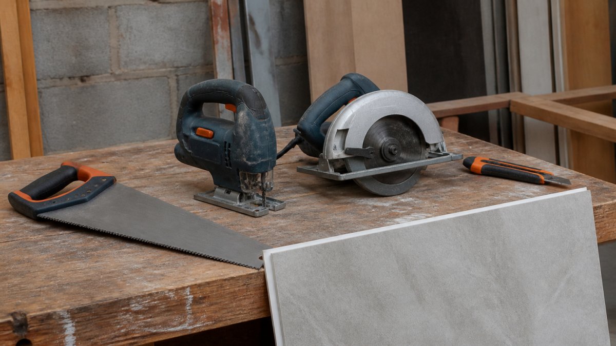 Professional workbench with fine-tooth saw, jigsaw, circular saw, and utility knife arranged on wooden surface, with bathroom wall panel leaning against bench in natural workshop lighting