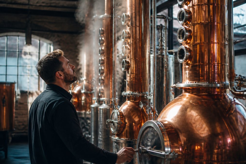 A craftsman inspecting polished copper distillation columns in a sunlit, small-batch distillery, with steam rising gently from the equipment