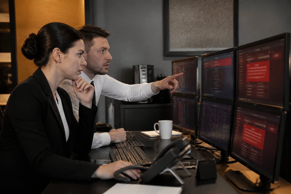 Hotel front desk manager and IT director reviewing security incident alerts on multiple monitors in a hotel office, showing focused urgency during a potential breach situation with red warning indicators visible on screens