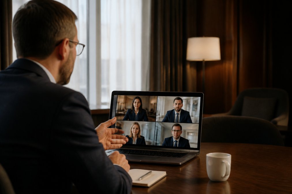 Cybersecurity professional on video call with hotel management team members, demonstrating 24/7 remote incident response support in action with multiple participants visible on screen in professional setting