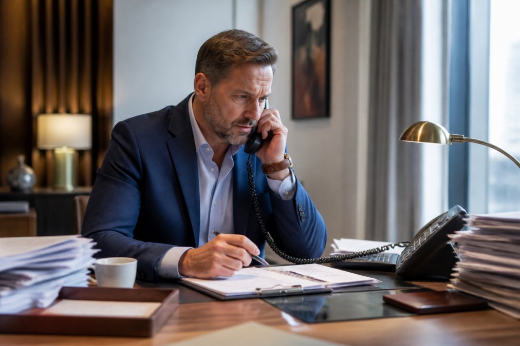 Hotel manager or IT director on a phone call in an office, appearing to communicate with an insurance representative during an incident response situation with visible stress and focus