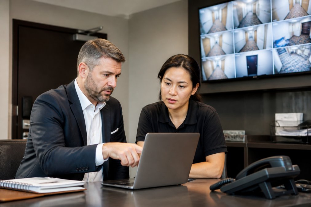 A hotel manager and IT specialist reviewing a data breach response plan on a laptop in a back office, with a wall-mounted screen showing security alerts in the background