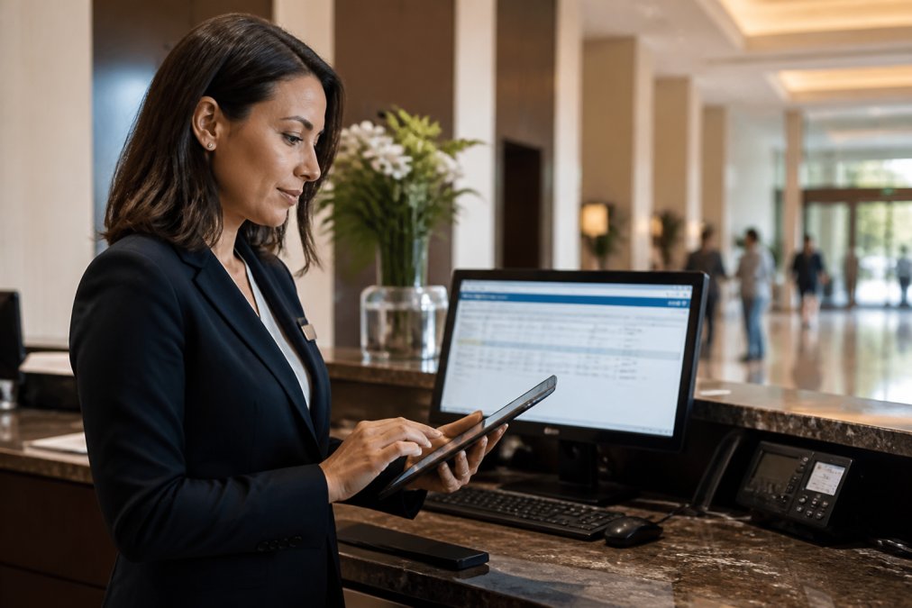 A hotel front desk manager reviewing a tablet showing guest check-in data, with a computer terminal displaying a property management system in the background of a modern hotel lobby