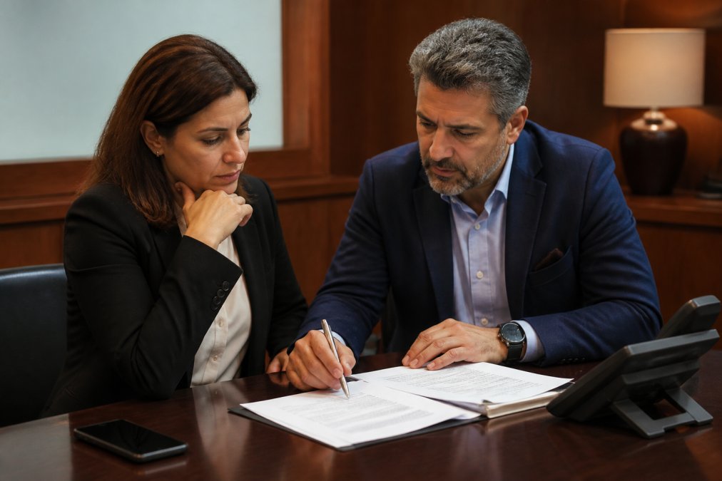 Hotel manager and IT director reviewing incident response procedures on a computer screen in a hotel office, with documentation and a phone nearby