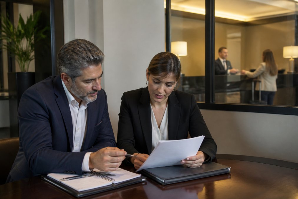 Hotel manager and IT director reviewing a cyber insurance hospitality policy on a laptop in an office.
