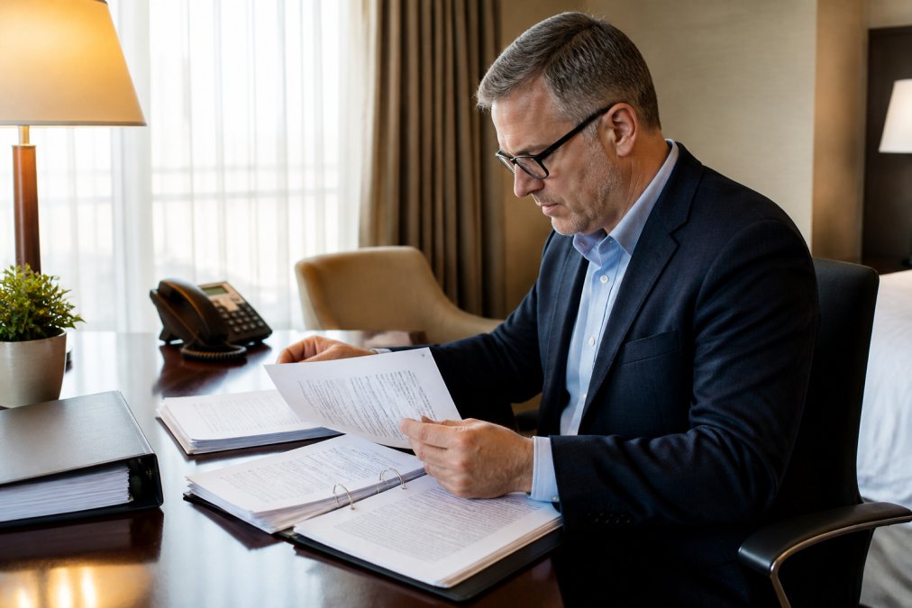 Hotel manager sitting at desk reviewing cyber incident response protocols and insurance documentation on laptop in modern office setting with natural window lighting