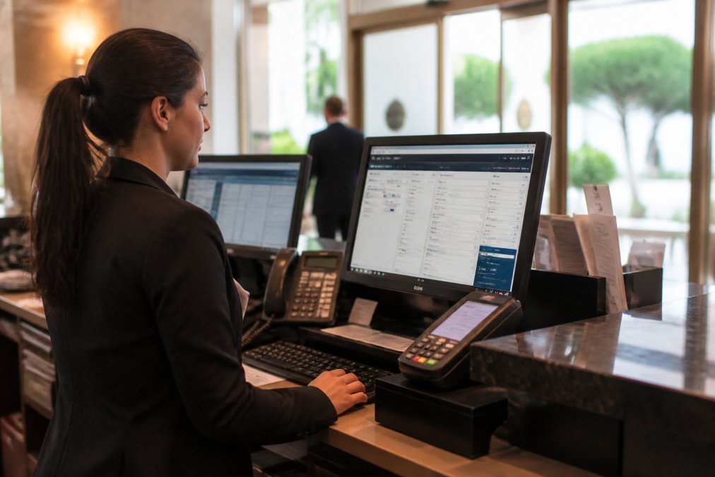 Hotel front desk staff member working at a computer terminal with guest check-in screens visible, multiple monitors displaying reservation systems and payment processing interfaces, natural office lighting from windows