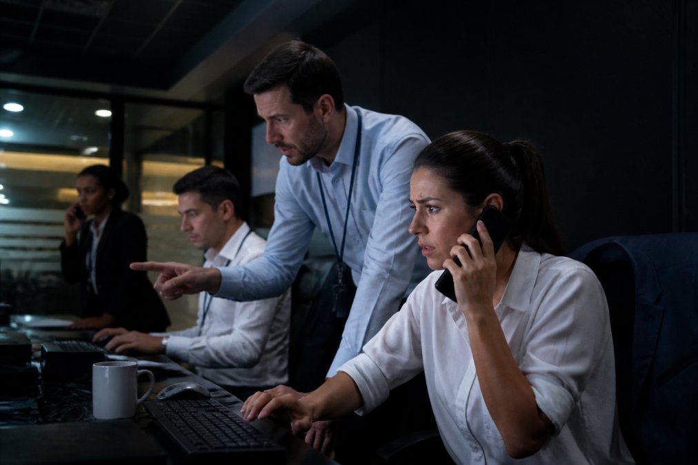 Hotel security team monitoring multiple computer screens in a command center during active incident response, with staff communicating urgently and coordinating breach containment efforts in a dimly lit operations room
