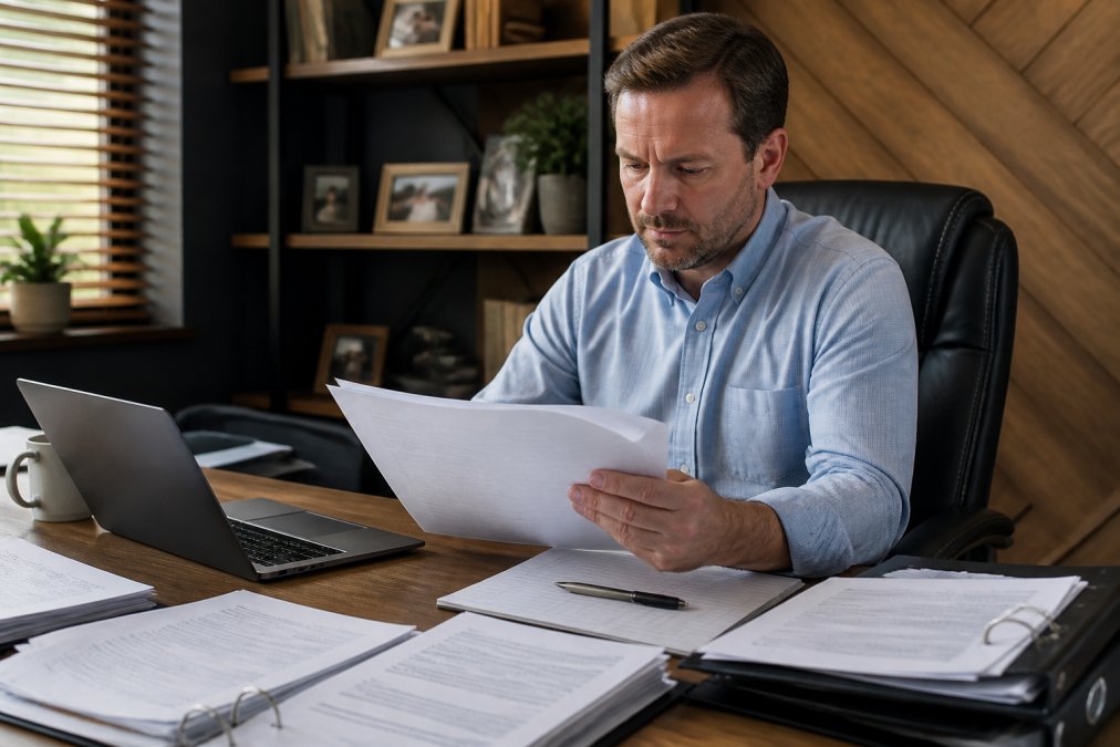 Small business owner reviewing security documentation and compliance checklists at desk with laptop and printed security reports visible