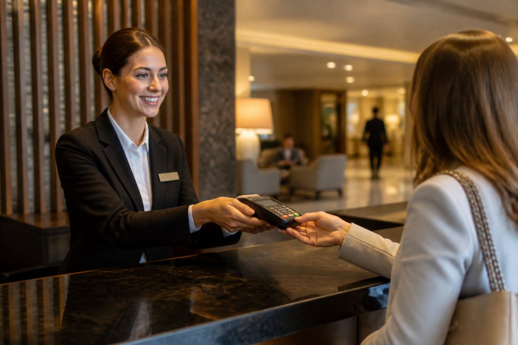 A hotel front desk clerk handing a credit card terminal to a guest, with a laptop showing a booking system glowing in the background of the lobby