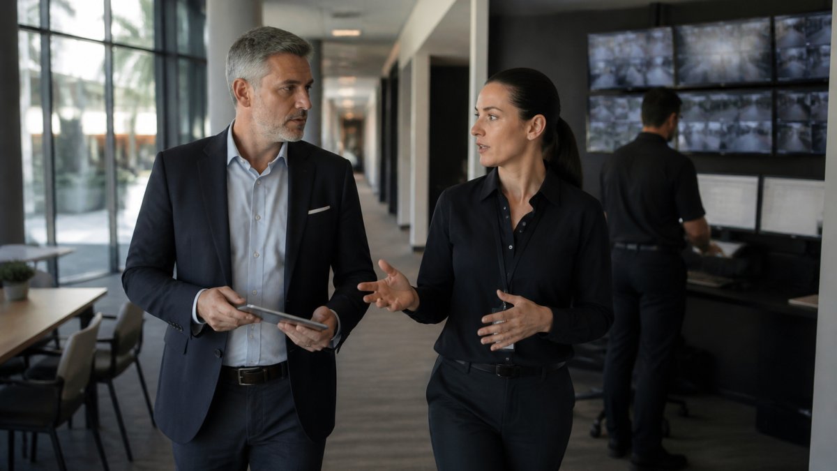 Hotel manager reviewing cyber incident response procedures with IT team member at command center workstation with multiple monitors displaying security alerts