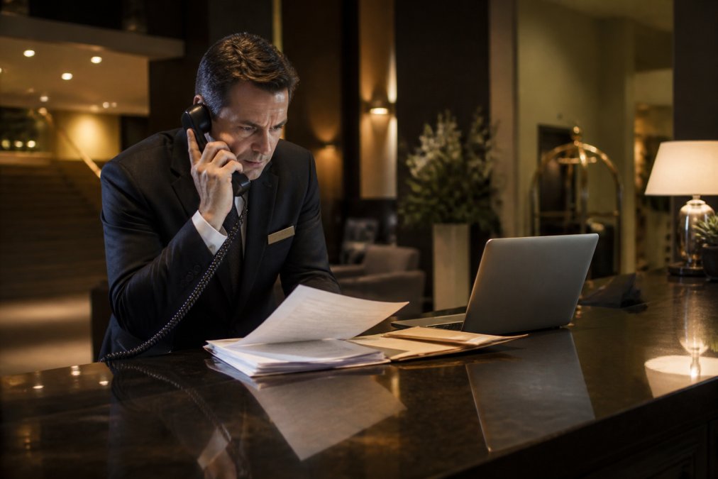 Professional illustration showing hotel and general and manager concepts for cyber liability for hotel chains