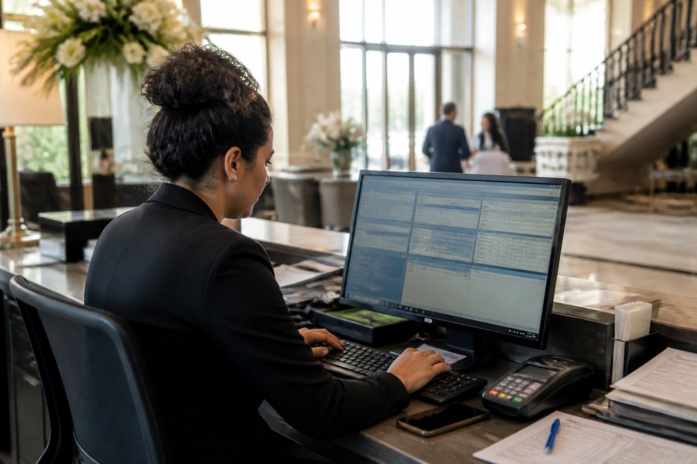 Hotel front desk staff member working at a computer terminal with multiple payment processing screens and guest reservation systems visible, natural office lighting streaming through windows