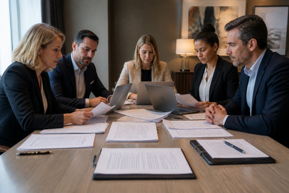 Hotel management team in a conference room reviewing incident response documentation and security protocols on laptops, with printed security checklists and breach response procedures visible on the table, professional office lighting