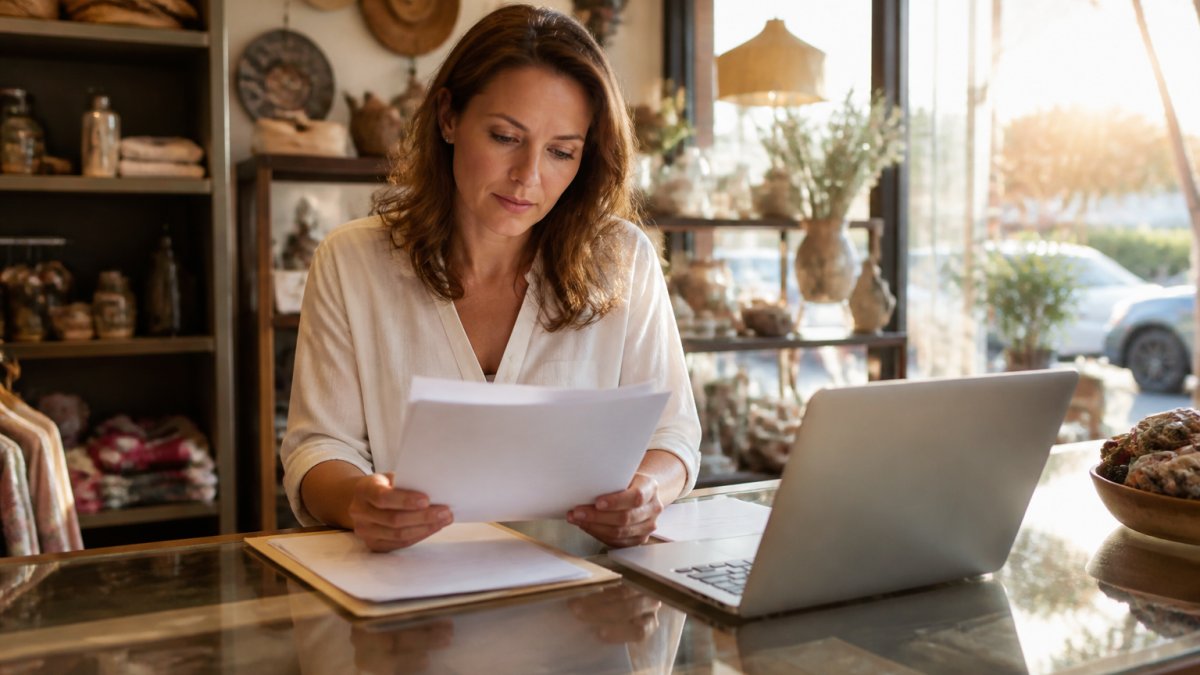 Retail shop owner reviewing cyber liability insurance documents at a boutique counter.