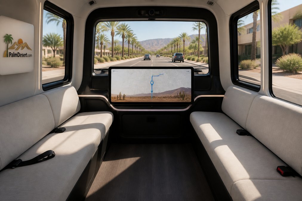 Diagram of a driverless ride service interior featuring facing seats and a navigation screen for autonomous travel.