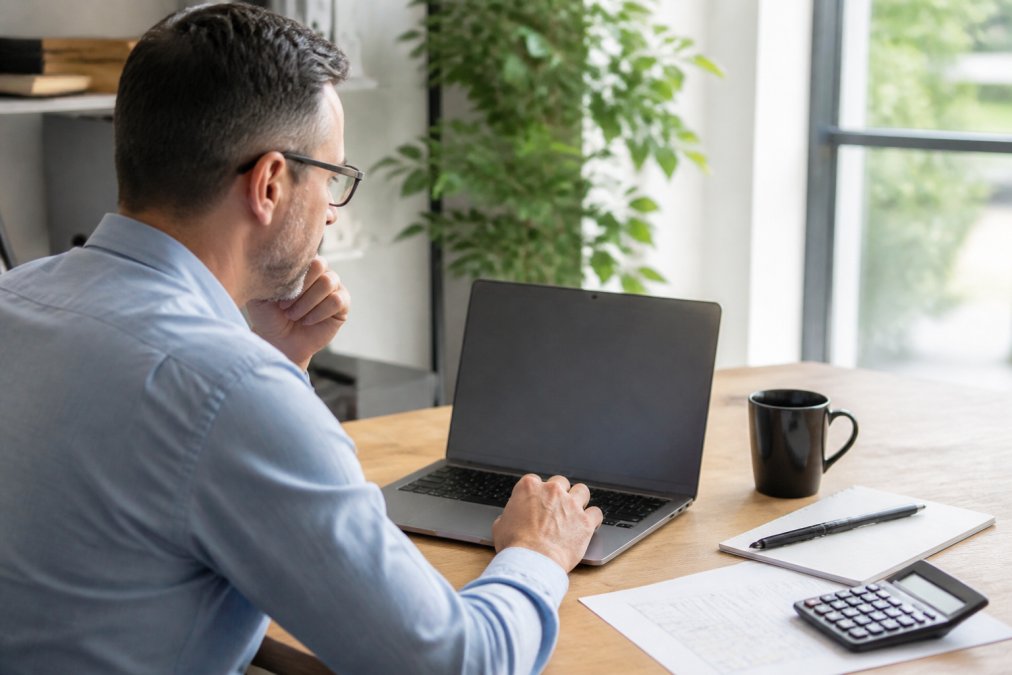 A small business owner reviewing a security training pricing dashboard on a laptop in a bright office, calculator and notepad on the desk beside a coffee mug