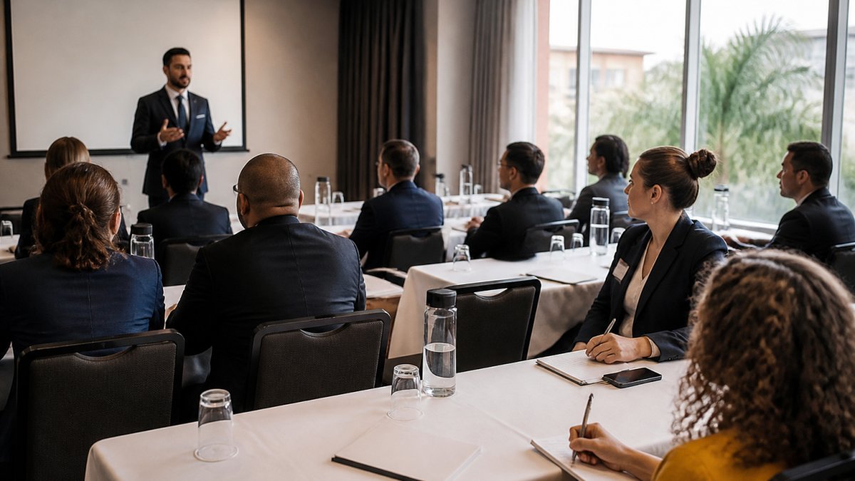 Hotel staff gathered in a training room watching a manager present cybersecurity awareness on a large screen while employees take notes at tables