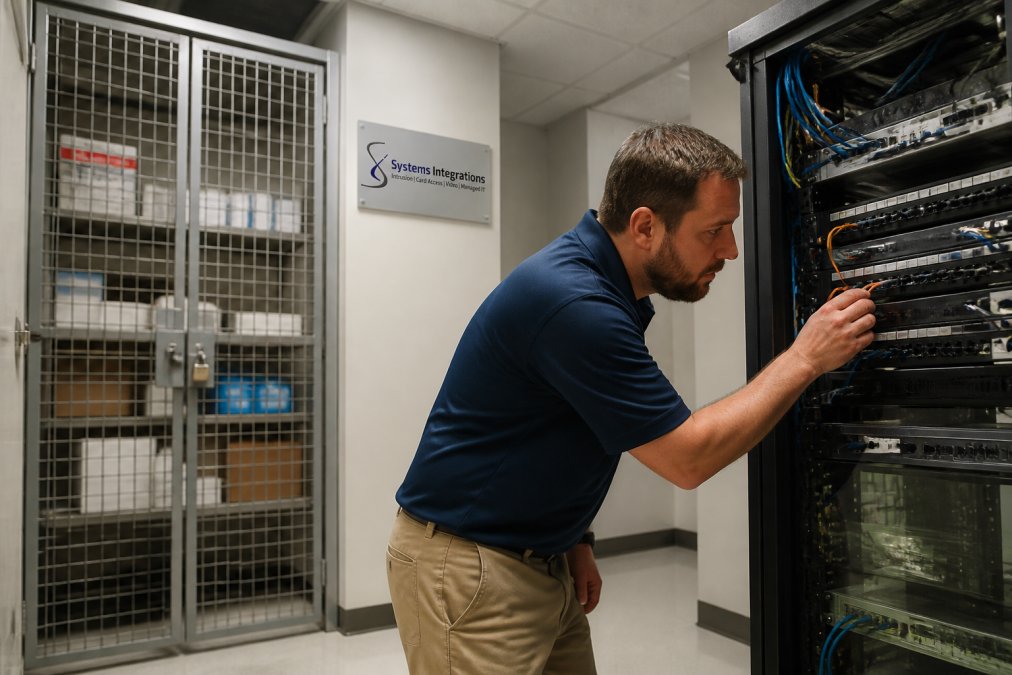 IT technician inspecting a server rack, a key step in cybersecurity best practices for securing network closets.