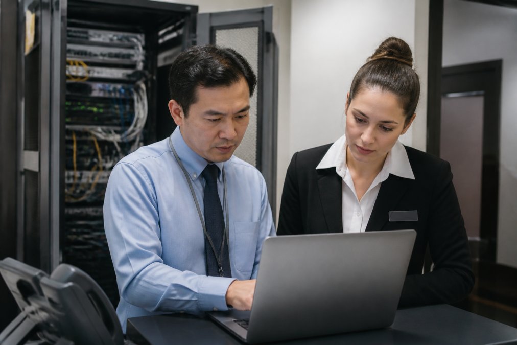 A hotel IT manager and front desk supervisor reviewing network security settings on a laptop in a back office, with a server rack visible in the background
