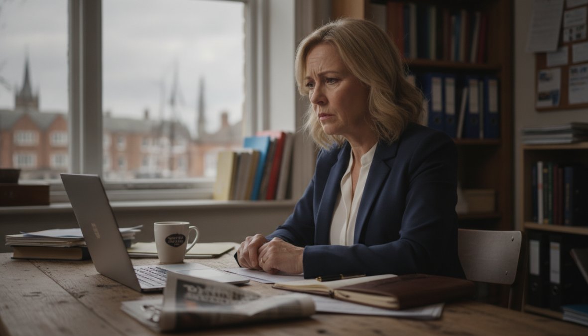 Business professional in an office reviewing security alerts on a computer screen with a concerned expression, natural window lighting