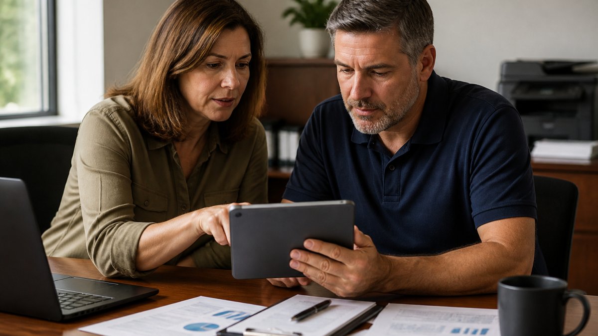 Business owner and IT manager reviewing a cybersecurity checklist for small business 2026 on a tablet at an office desk.