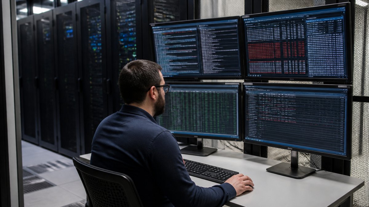 IT security team monitoring multiple screens displaying network activity, threat alerts, and system logs in a data center with blue lighting and server racks