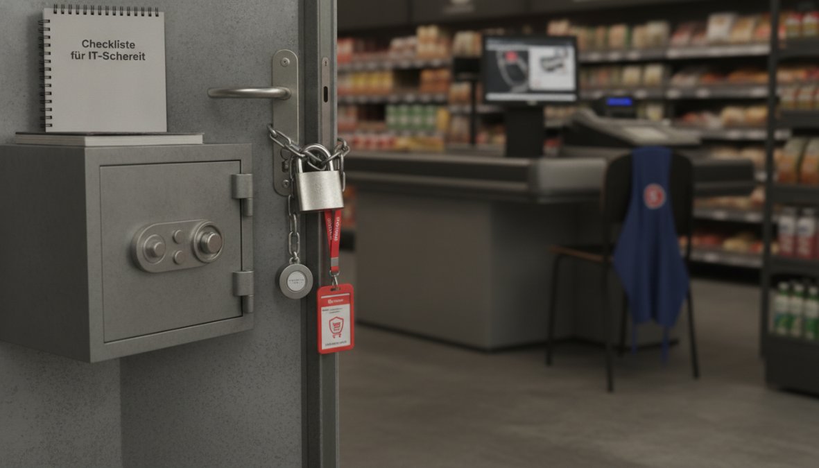 IT-Mitarbeiter prüft Kassensystem zur Umsetzung von Cybersecurity-Maßnahmen für Lebensmitteleinzelhandel im Supermarkt