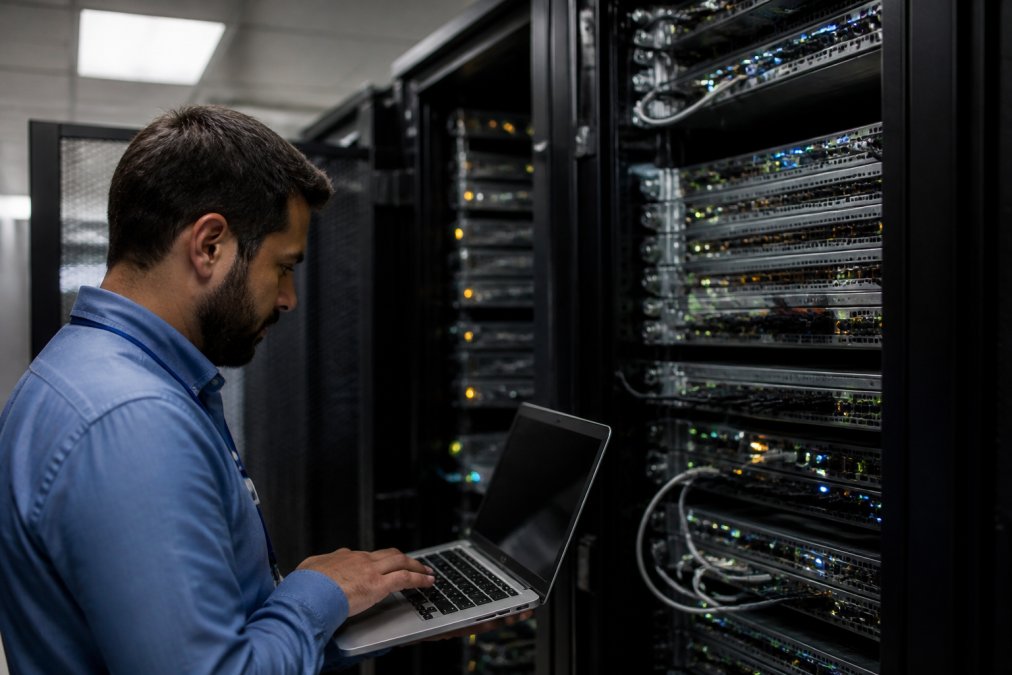 IT security professional monitoring multiple network screens displaying security alerts and traffic logs in a hotel's server room with dim lighting and glowing displays