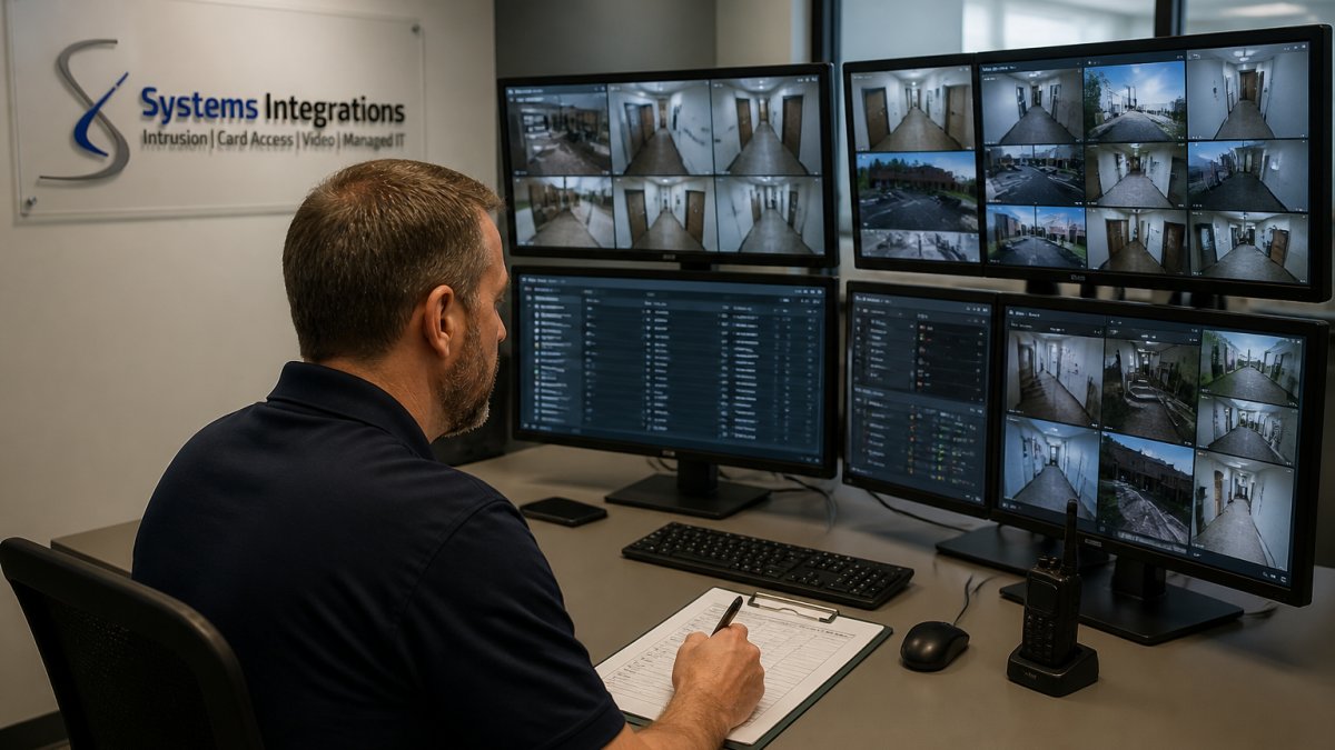 A security professional in a control room reviewing multiple monitors showing camera feeds and access control dashboards, with a clipboard and checklist on the desk