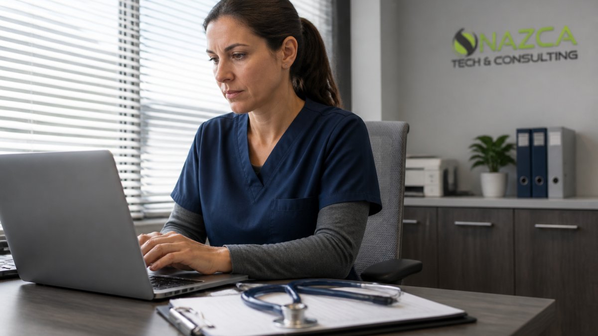 A healthcare IT professional reviewing security logs on a laptop in a modern medical office, stethoscope and clipboard on the desk beside her, soft daylight through blinds