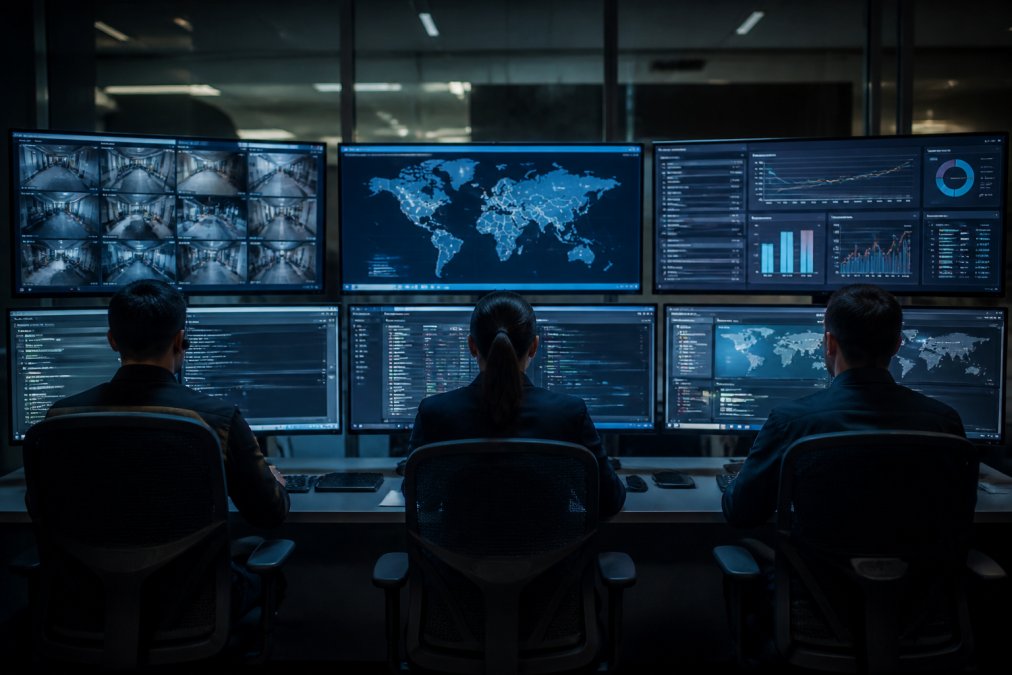Security operations center with three analysts monitoring curved screens displaying network dashboards and threat maps, blue monitor glow in a darkened room
