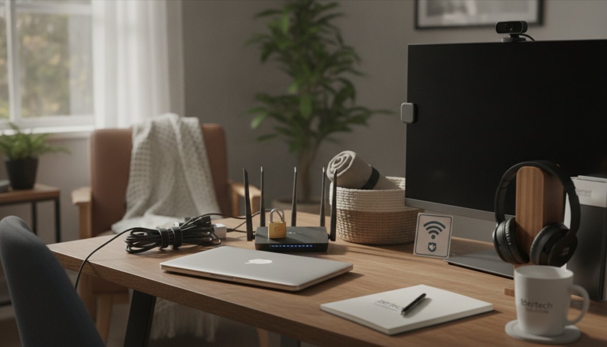 Professional home office setup with secure router, locked filing cabinet containing sensitive documents, and laptop positioned for privacy during video calls with natural office lighting