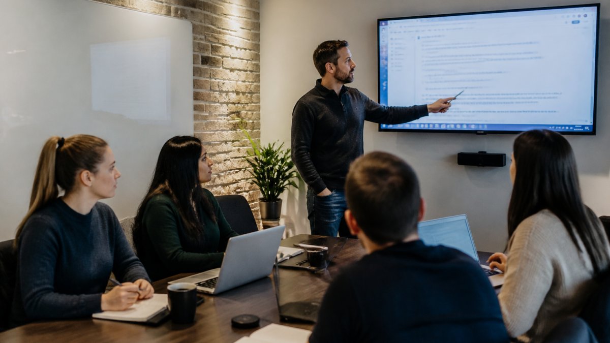 A small office team gathered around a laptop during a security awareness training session, a presenter pointing at a screen showing a suspicious email example, warm overhead lighting