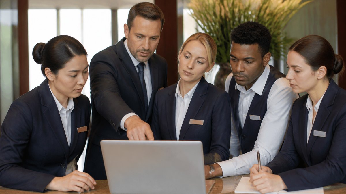 Hotel front desk staff gathered around a laptop during a training session, with a manager pointing to the screen while team members listen attentively