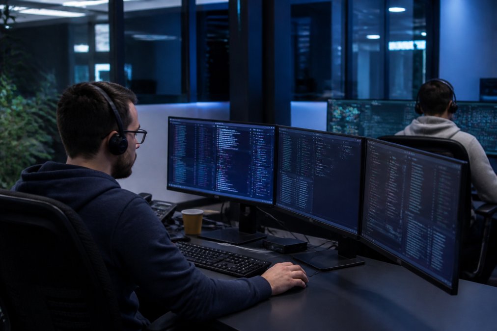 Security operations center with two analysts monitoring multiple screens displaying network dashboards and threat alerts in a modern office, cool blue lighting