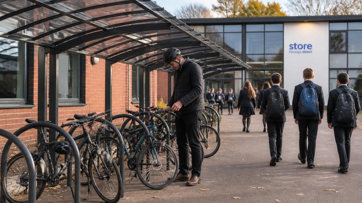 A row of bicycles parked under a steel-framed cycle shelter at a school entrance on a bright autumn morning, with pupils walking past and a staff member unlocking a bike