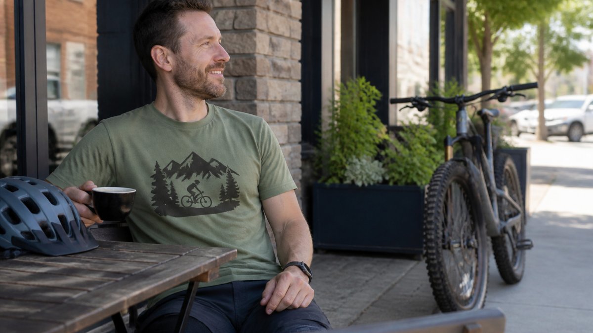 Infographic showing the versatility of cycling graphic tees for post-ride coffee shop and casual wear settings.