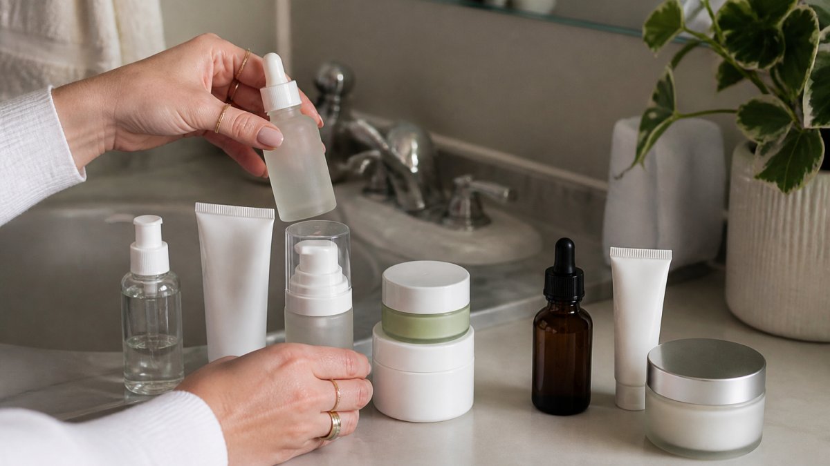 Close-up of hands holding and arranging multiple skincare bottles and jars on a clean bathroom counter, organized in order of application with morning and evening products separated