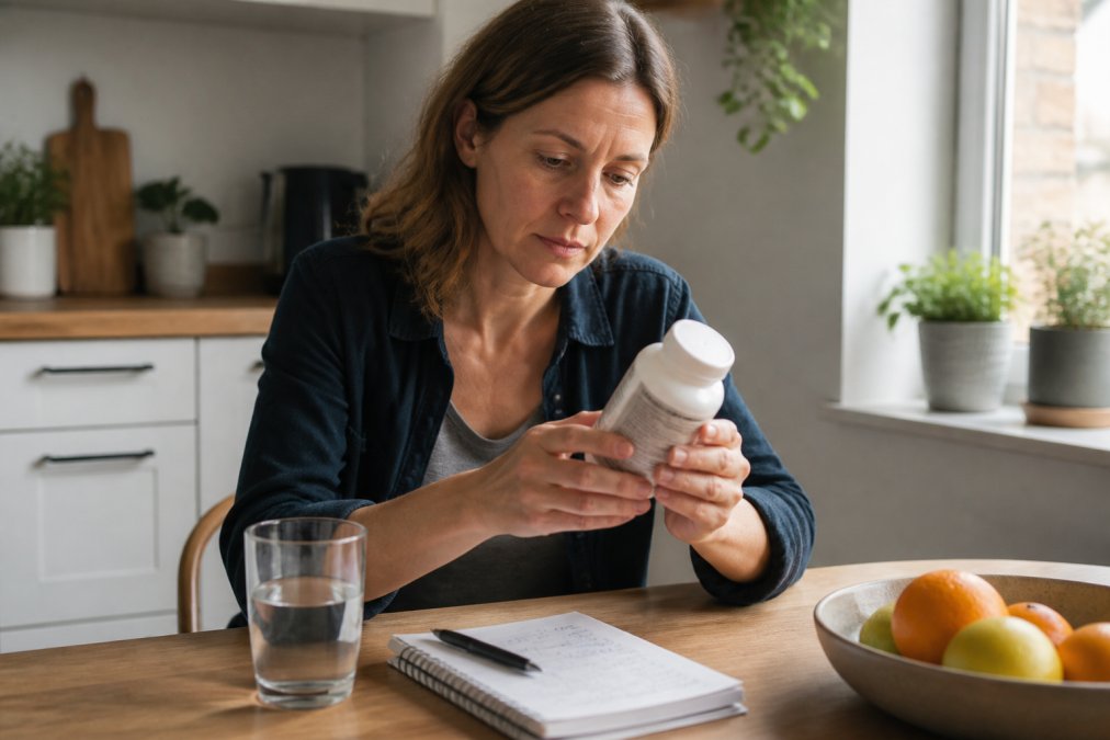 A person in their forties sitting at a kitchen table in natural daylight, reading the back label of a supplement bottle beside a glass of water and a notebook