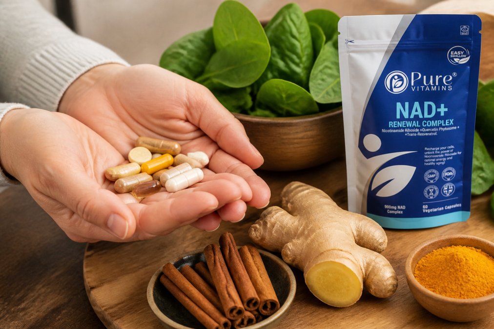 Close-up of hands holding a variety of supplement capsules and tablets on a wooden surface with fresh ingredients like cinnamon, ginger and leafy greens nearby