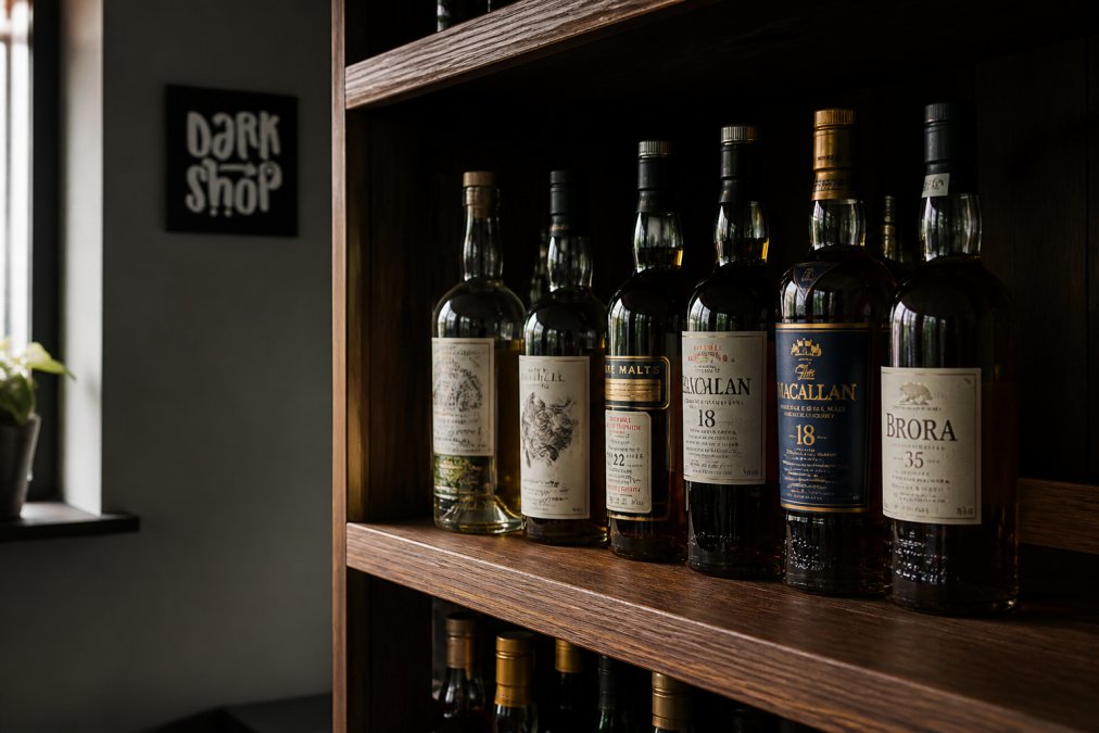 A wooden shelf in a dimly lit room holding several sealed whisky bottles standing upright, with soft natural light coming from the side and dust-free surfaces visible