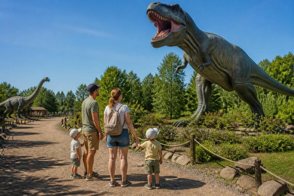 Rodzina z dwójką dzieci w wieku przedszkolnym spaceruje słoneczną ścieżką edukacyjną wśród wielkich modeli dinozaurów w naturalnych rozmiarach, dzieci z zaciekawieniem patrzą w górę na ogromny posąg tyranozaura