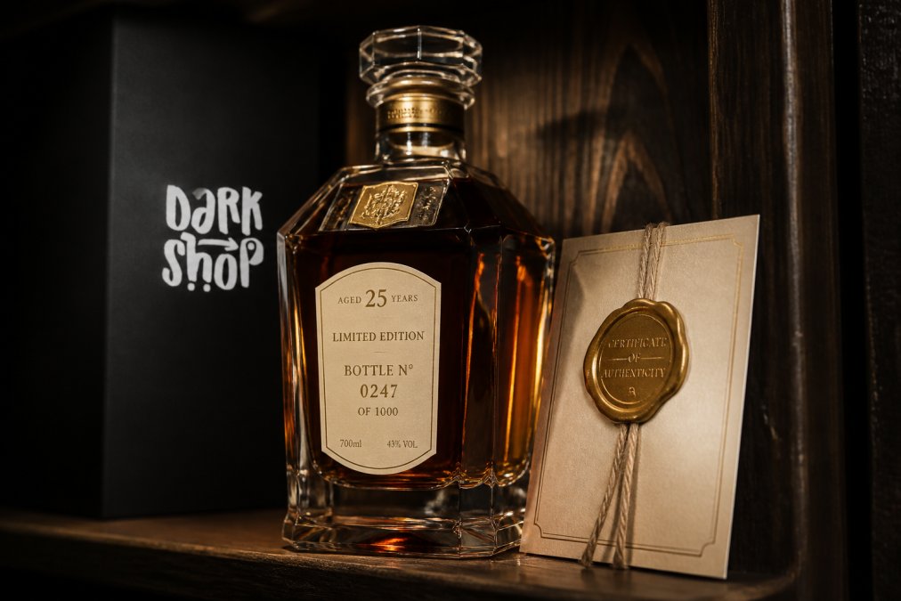 Bliska fotografia rzadkiej limitowanej butelki whisky z numerowaną etykietą i zapieczętowanym certyfikatem autentyczności, wyświetlanej na ciemnym drewnianym półce z miękkim oświetleniem podkreślającym etykietę i pieczęć